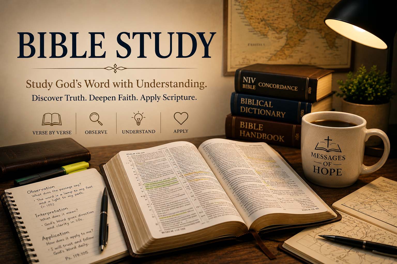 Bible study setting with an open Bible, highlighted verses, study notes, reference books, pen, and study materials representing careful Scripture study and understanding.