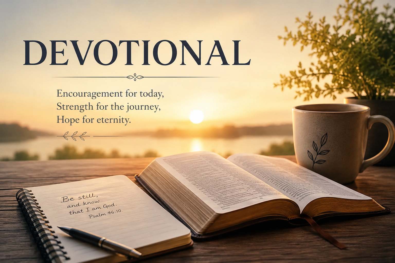 Peaceful devotional setting with an open Bible, journal, pen, warm drink, and sunrise background representing Christian reflection and spiritual encouragement.
