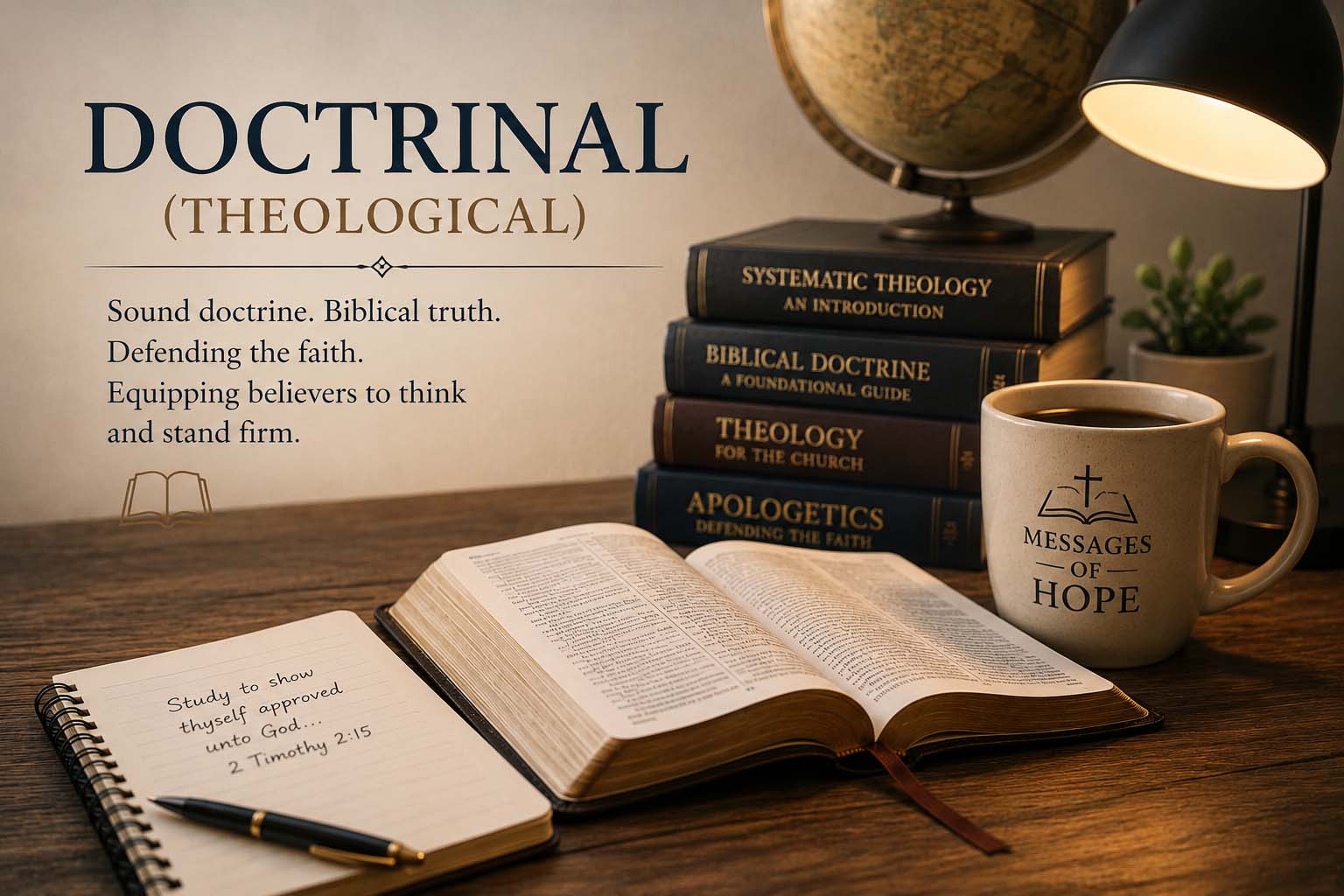 Warm theological study setting with an open Bible, theology and apologetics books, study notes, globe, and Messages of Hope mug representing biblical doctrine and Christian theology.