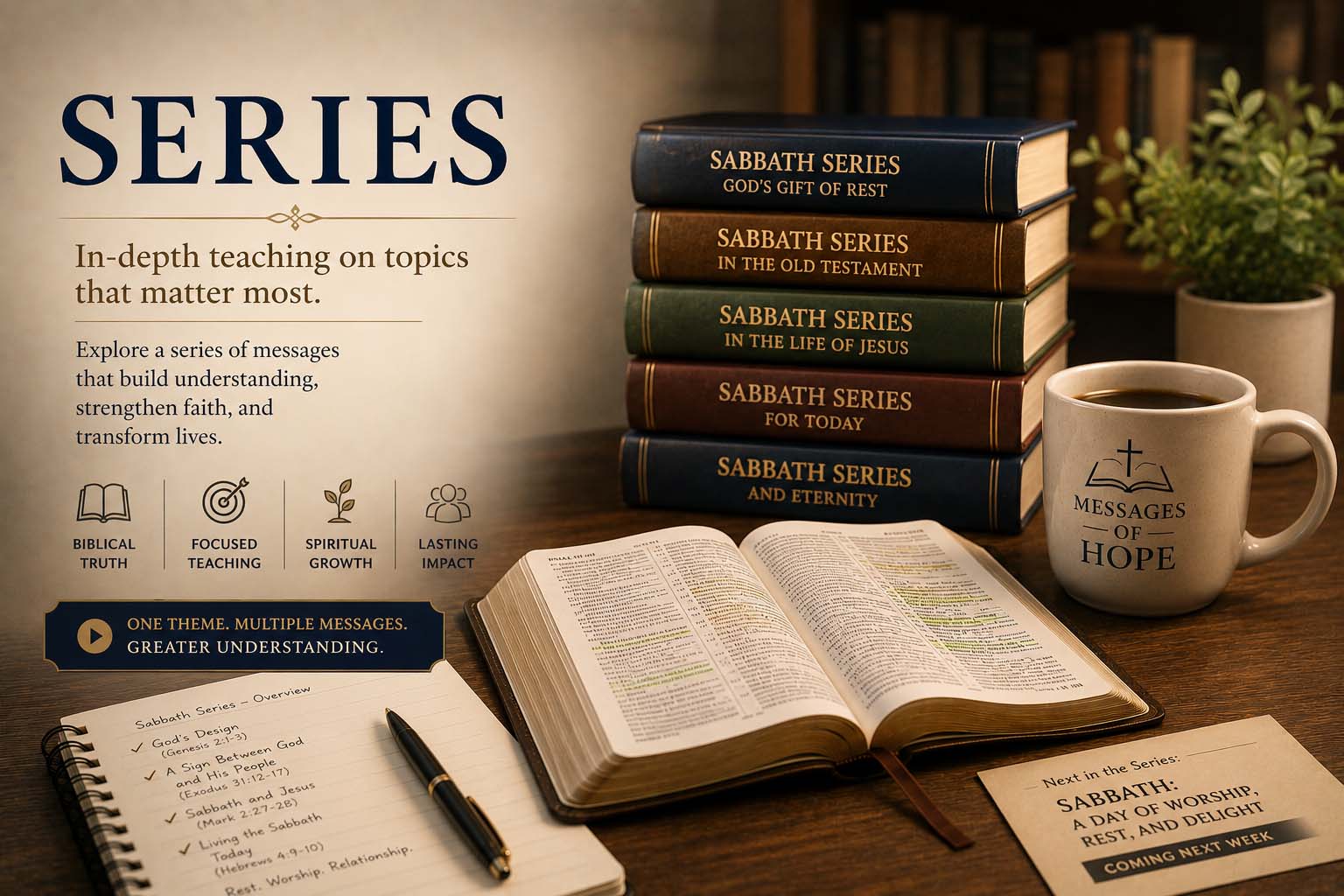Bible teaching series setting with an open Bible, study notes, stacked biblical books, and Messages of Hope mug representing in-depth study of biblical topics.