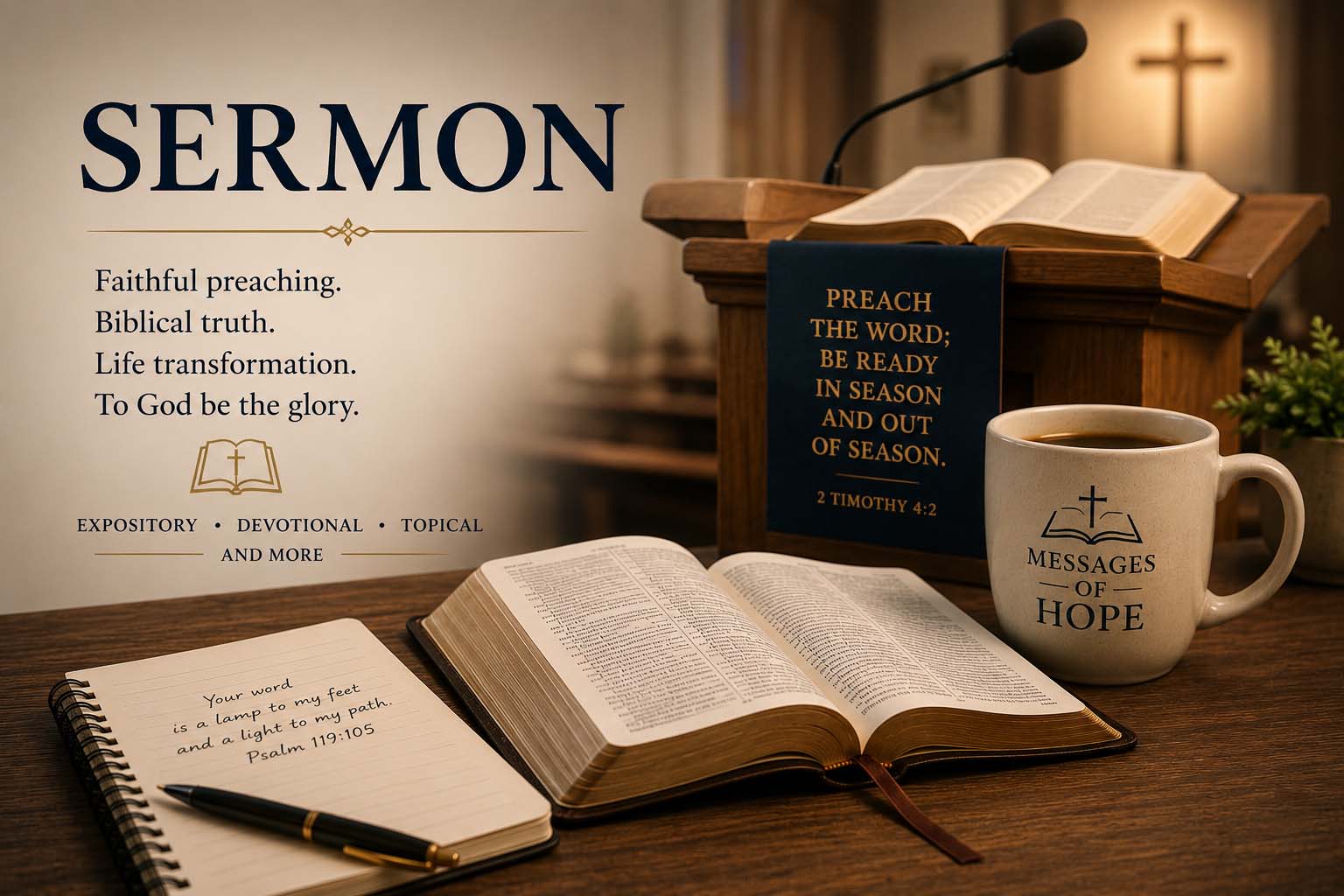 Christian sermon setting with an open Bible on a wooden pulpit, microphone, notebook, and warm sanctuary background representing biblical preaching and teaching.