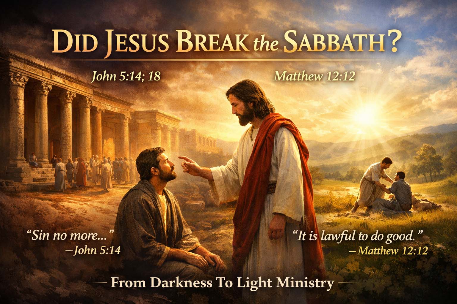 A biblical illustration of Jesus healing a man on the Sabbath near a temple, symbolizing John 5:14–18 and Matthew 12:12, showing that doing good on the Sabbath is lawful and reflects God’s mercy. Disclaimer: This image is a visual illustration created for educational and inspirational purposes only. It does not represent the actual appearance of Jesus Christ or any biblical figure. The depiction is intended to help convey the message of Scripture and should not be regarded as a literal or historical portrayal.