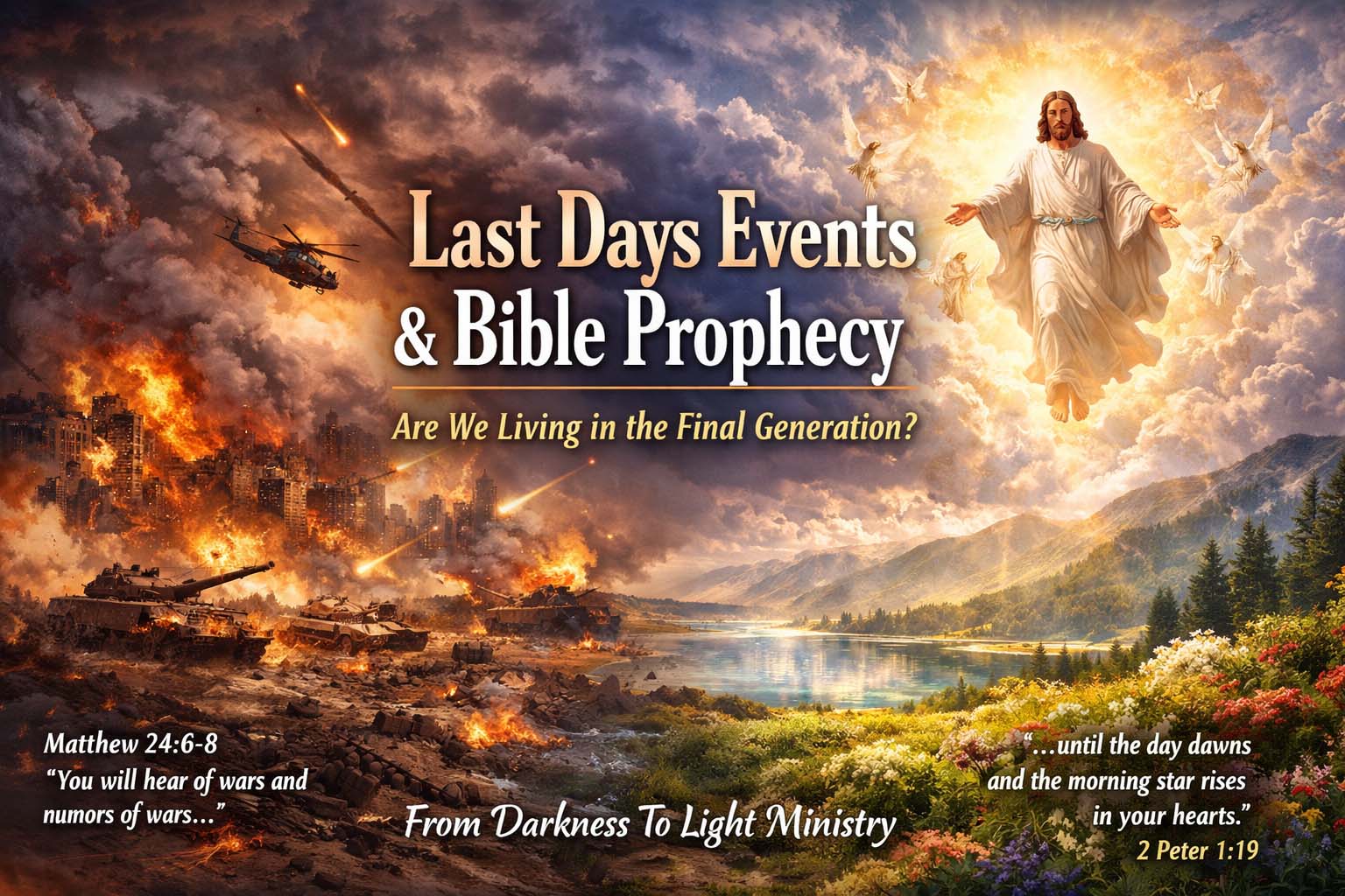 Illustration of end-time prophecy showing wars and destruction on one side and Jesus Christ returning in glory on the other, with Bible verses Matthew 24:6–8 and 2 Peter 1:19, representing hope in the Second Coming amid global conflict.