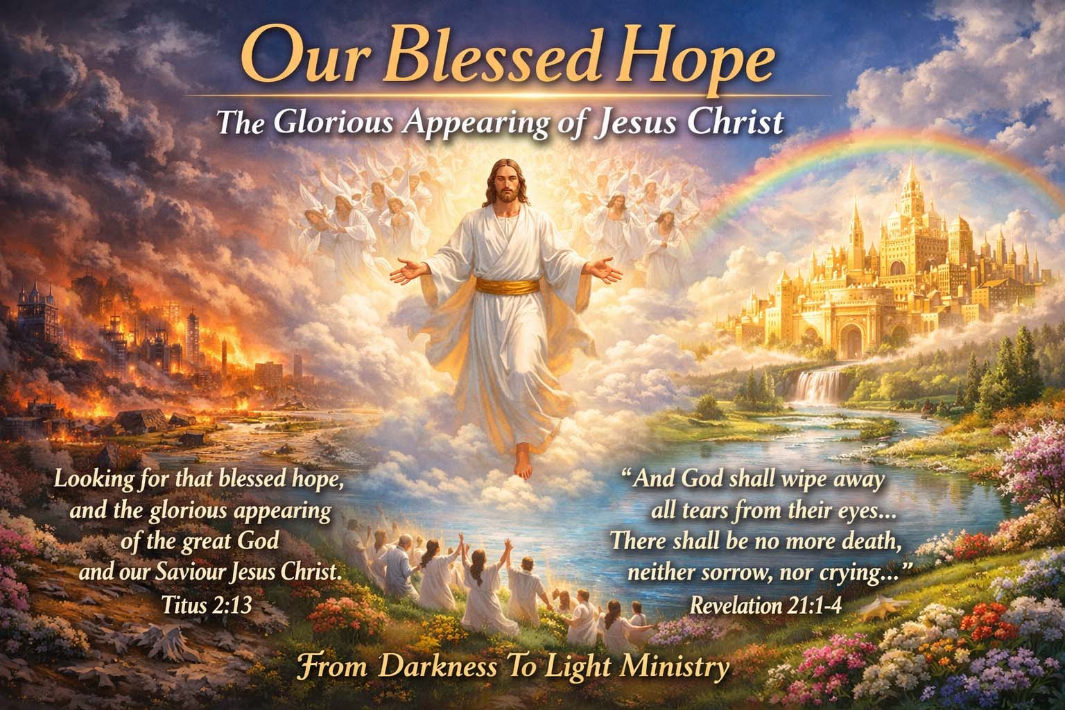 Jesus Christ’s second coming in glory with angels, depicting the blessed hope in Titus 2:13 and the promise of a new heaven and earth in Revelation 21:1-4. This image is for illustration only and does not represent the true appearance of Jesus Christ, angels, or any Bible characters.