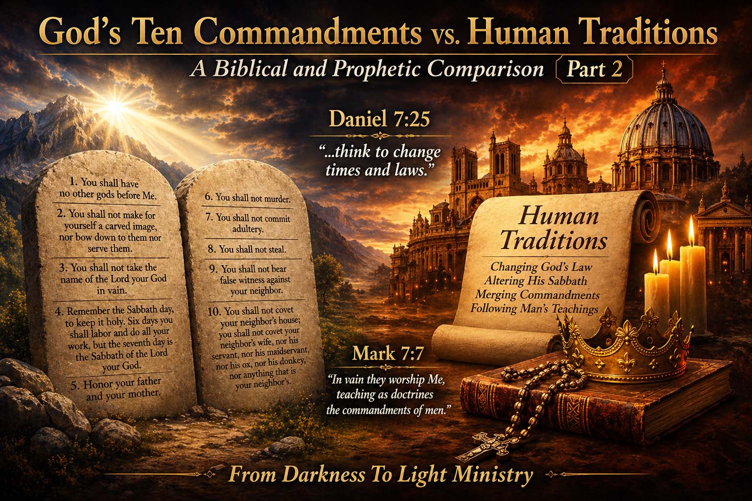 Illustration of God’s Ten Commandments on stone tablets contrasted with human traditions, featuring Daniel 7:25 and Mark 7:7 in a biblical prophetic theme.
