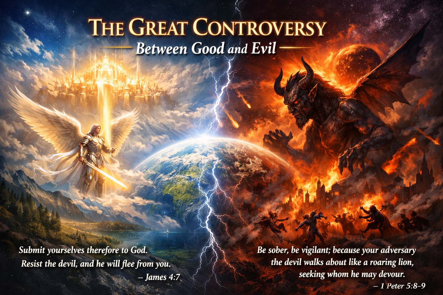 Illustration of the Great Controversy between good and evil, showing a cosmic conflict with light and darkness, symbolizing Satan’s rebellion, humanity’s struggle, and God’s redemptive plan through Christ.