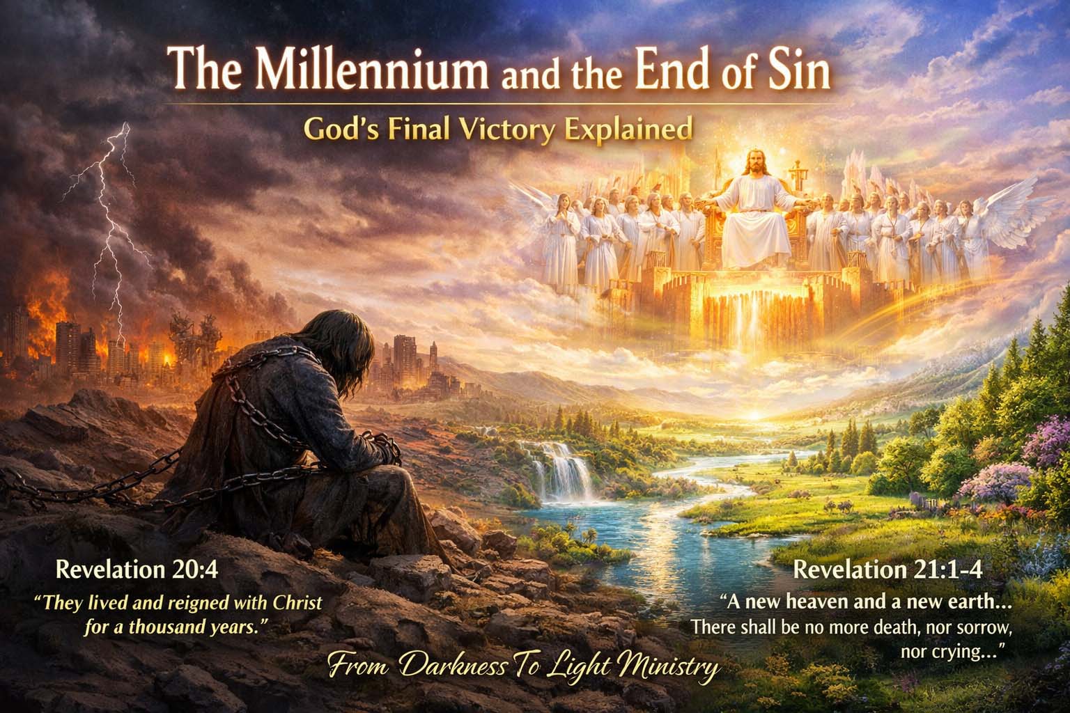 Illustration of the Millennium and end of sin showing a desolate earth with a bound figure and the glorious New Jerusalem, Christ reigning, and a restored paradise based on Revelation 20:4 and Revelation 21:1-4.