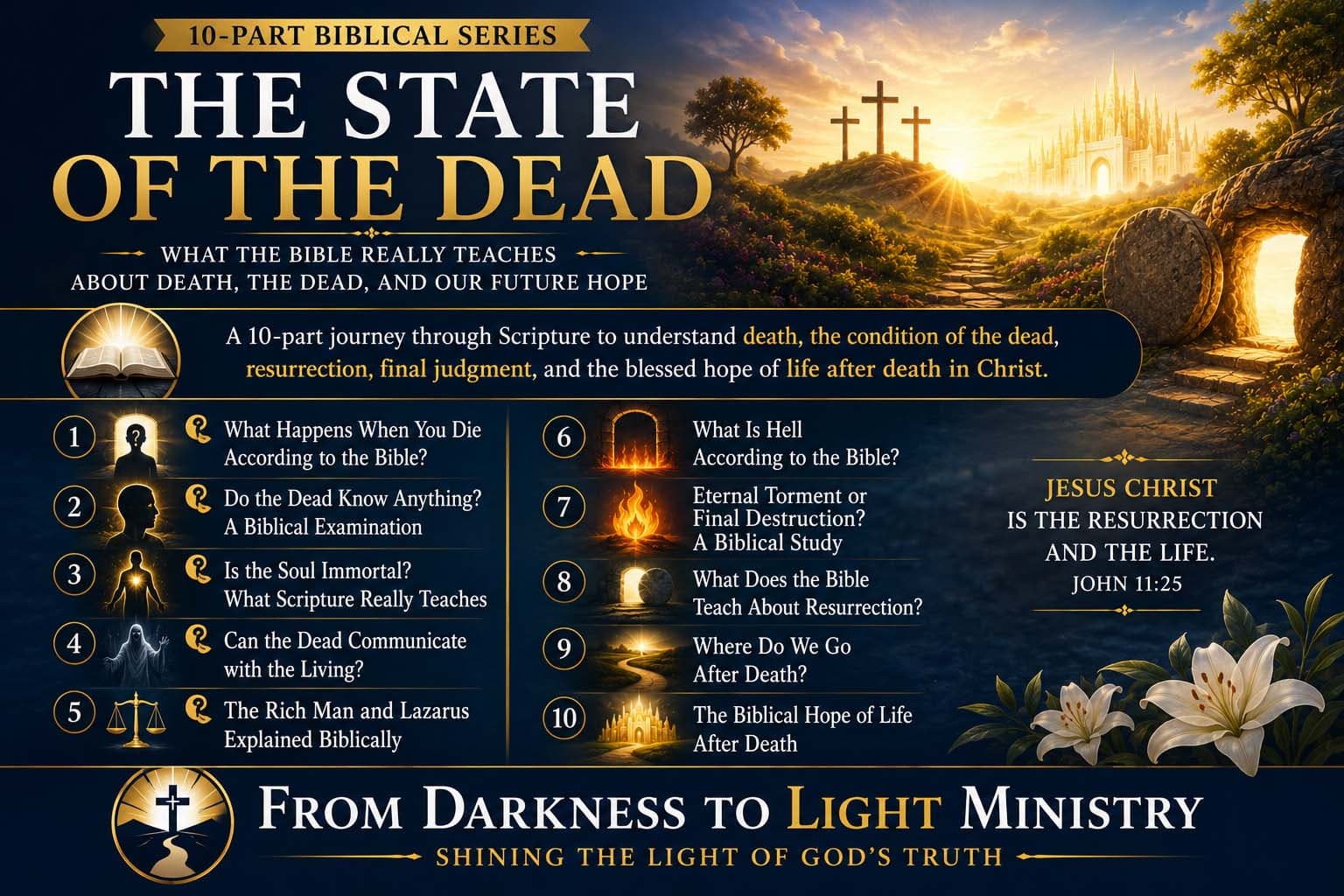 The State of the Dead 10-part biblical study series thumbnail featuring a grave, open tomb, Bible, resurrection imagery, final judgment, and heavenly city, representing Scripture's teachings about death, the condition of the dead, resurrection, and the hope of eternal life.