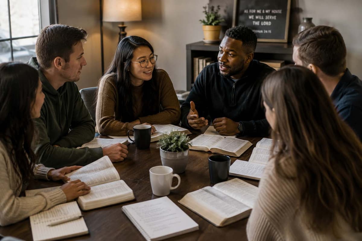 Christian believers studying the Bible together and sharing the message of hope in Christ.