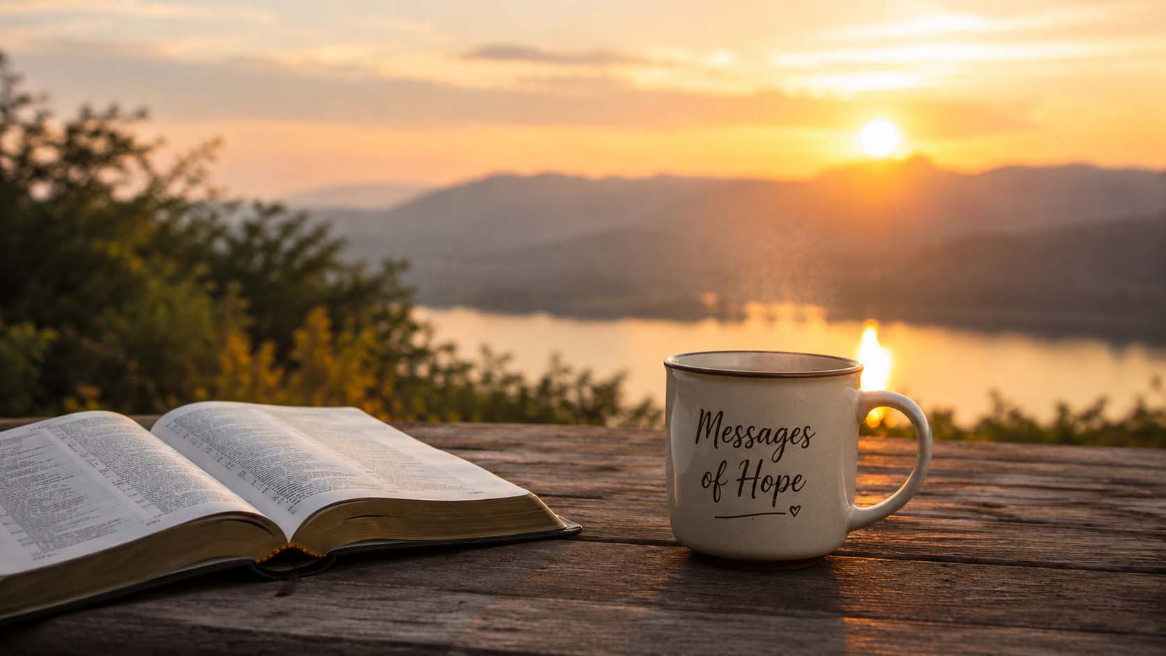 A Bible open to a devotional passage with a peaceful Christian setting